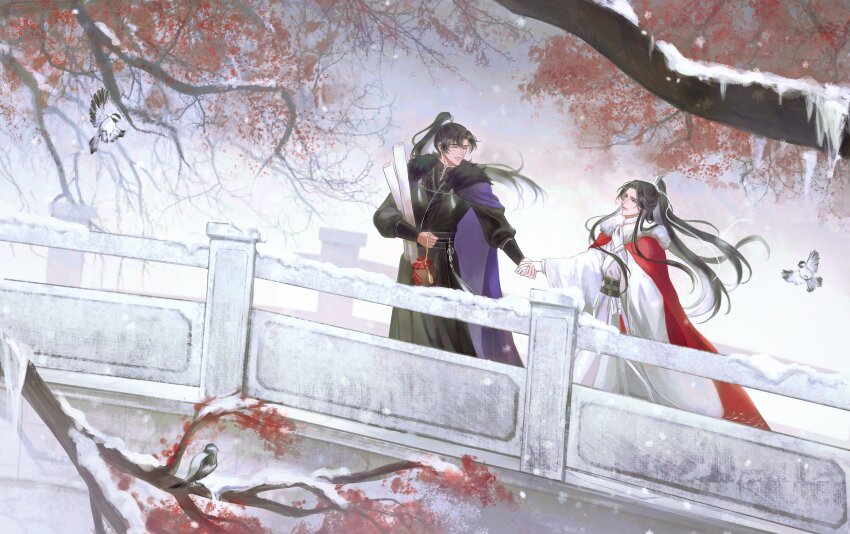 2boys bird black_hair black_hanfu bridge brown_eyes chinese_clothes chu_wanning cloak closed_eyes erha_he_tadebai_mao_shizun fur-trimmed_cloak fur_trim gloves half_updo hanfu high_ponytail highres holding holding_hands holding_jug holding_scroll jug_(bottle) linhii_hihi long_hair long_sleeves looking_at_another male_focus mo_ran multiple_boys outdoors ponytail purple_cloak red_cloak sash scroll smile snow standing stone_bridge tassel tree white_gloves wide_sleeves xiao_guan_(headdress)