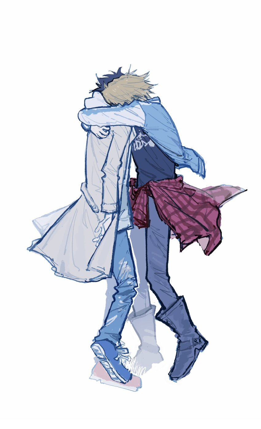 0fvwughesu35561 2boys banjou_ryuuga black_boots black_hair black_pants blue_jacket blue_pants blue_shoes boots brown_hair brown_jacket clothes_around_waist coat denim highres holding hood hug jacket jeans kamen_rider kamen_rider_build_(series) kiryuu_sento male_focus multiple_boys pants red_jacket red_shoes shirt shirt_around_waist shoes short_hair t-shirt white_background yaoi