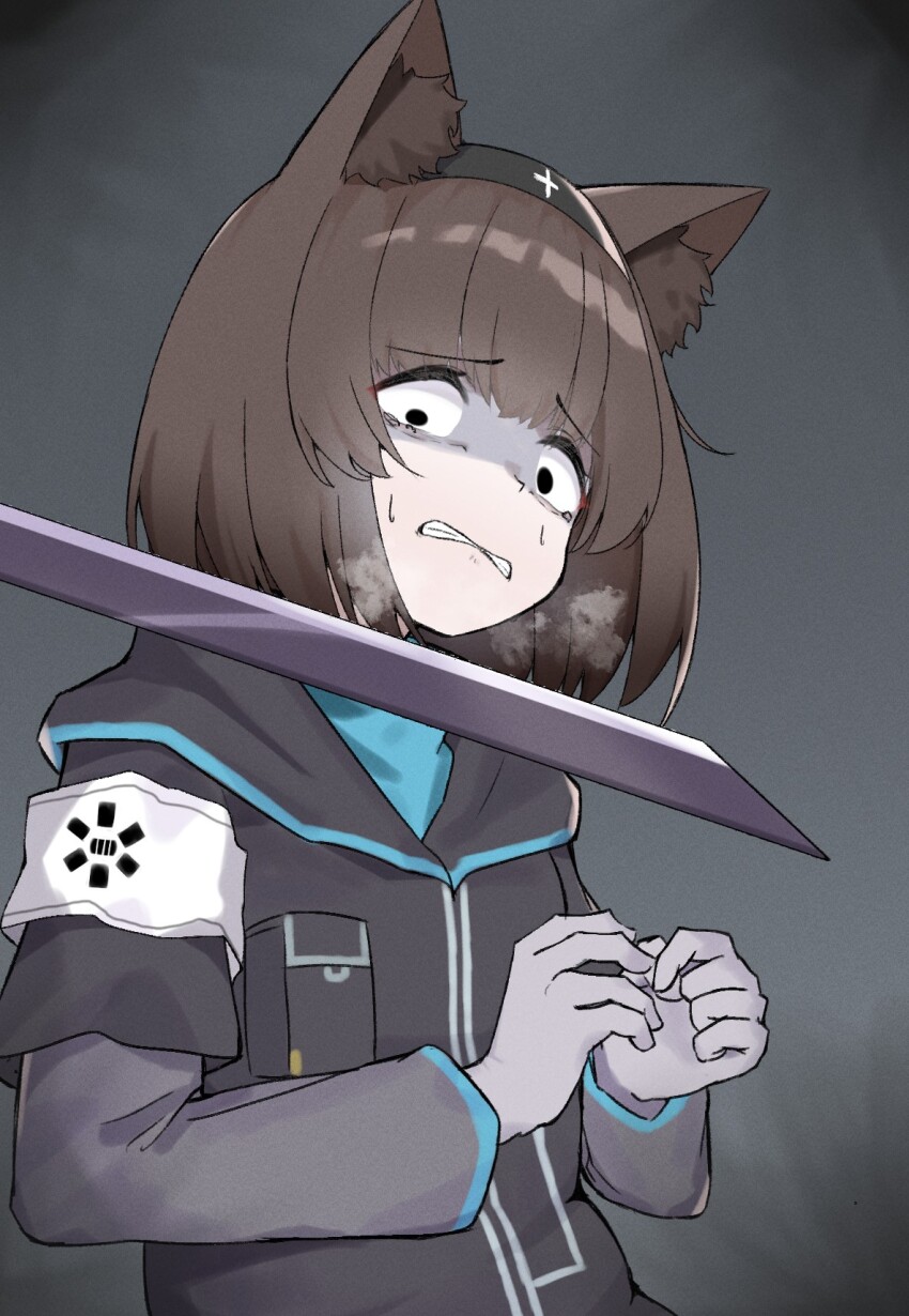 1girl animal_ear_fluff animal_ears arknights black_headwear brown_hair headband highres pcaccount13 rhodes_island_medic_(arknights) scared short_hair sweat sword tearing_up weapon