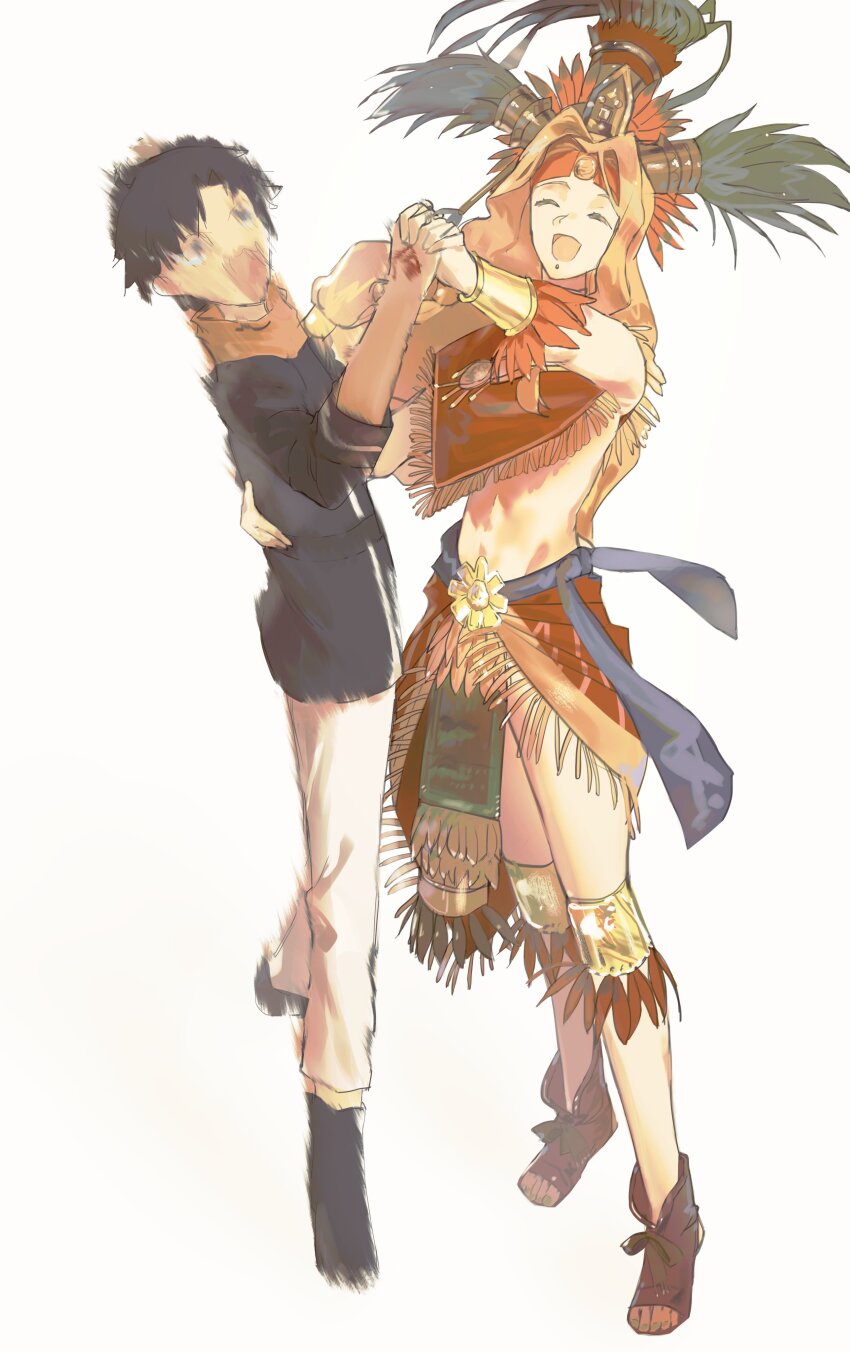 1boy 1girl :d absurdres aztec black_hair blonde_hair blurry bracer chin_piercing closed_eyes command_spell fate/grand_order fate_(series) fujimaru_ritsuka_(male) fujimaru_ritsuka_(male)_(true_ether_chaldea_uniform) full_body green_nails headband headdress highres jewelry labret_piercing long_hair mouth_piercing navel official_alternate_costume open_mouth orange_scarf poncho quetzalcoatl_(fate) scarf screaming short_hair smile yuishironeko