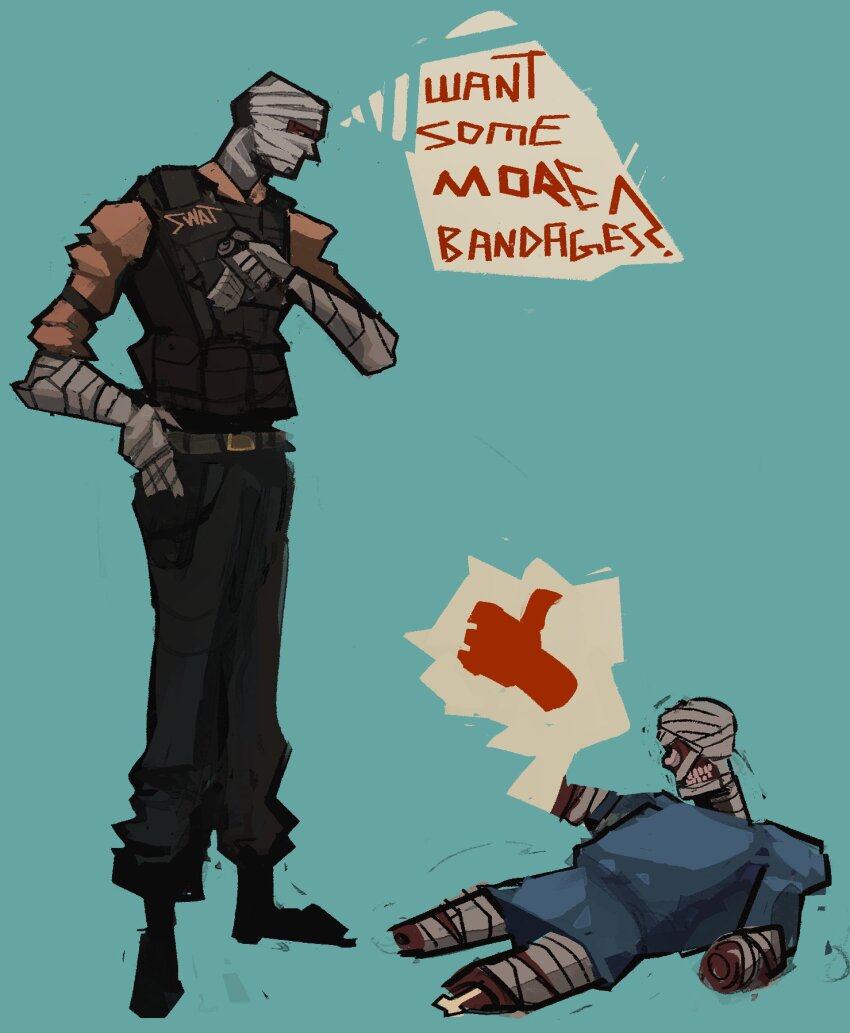 2boys amputee bandages belt curly_(mouthwashing) curly_(post-crash) english_text fallout fallout:_new_vegas full_body highres joshua_graham looking_at_another mouthwashing multiple_boys quadruple_amputee thumbs_up vei0_deseho
