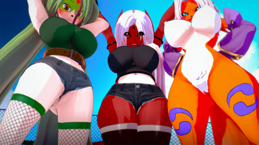 3d 3girls belt digimon dog dragon fox guilmon highres humanization multiple_girls renamon shorts terriermon