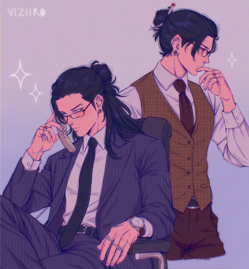 1boy artist_name belt belt_buckle black_belt black_hair black_necktie brown_necktie brown_pants brown_vest buckle collared_shirt cropped_legs crossed_legs eyebrow_piercing formal_clothes getou_suguru glasses grey_background hair_bun hand_to_own_mouth highres holding holding_phone jacket jewelry jujutsu_kaisen long_hair male_focus multiple_rings multiple_views necktie pants parted_bangs pencil_in_hair phone piercing pinstripe_pattern pinstripe_suit plug_(piercing) ring shirt sitting sparkle suit suit_jacket upper_body vest viziiro watch white_shirt wristwatch