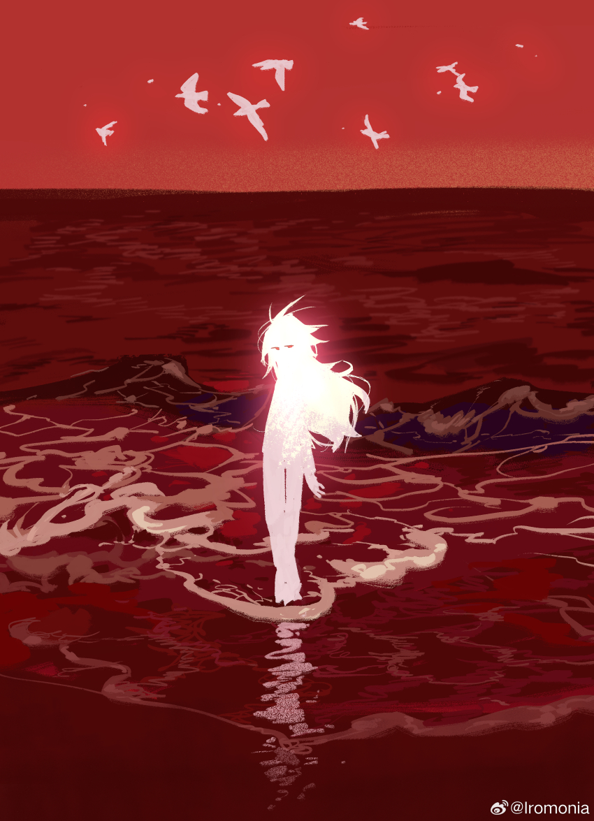 1boy absurdres chinese_commentary commentary_request flock hatsutori_hajime highres insoluble_c long_hair long_sleeves male_focus monochrome ocean photo-referenced red_background red_theme reference_request saibou_shinkyoku silhouette sky solo wading watermark waves weibo_watermark