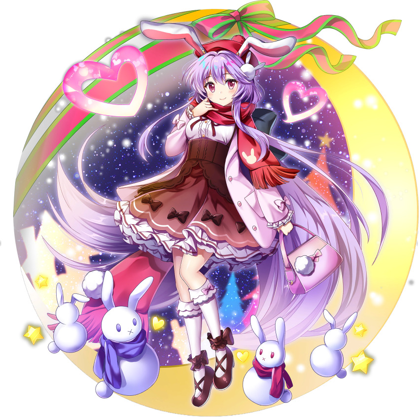 1girl absurdly_long_hair alternate_costume animal_ears animal_print bag beret blue_scarf blush breasts brown_shoes brown_skirt christmas christmas_tree closed_mouth full_body game_cg hair_ornament handbag hat heart high-waist_skirt highres holding holding_bag jacket kneehighs long_hair long_sleeves looking_at_viewer official_art open_clothes open_jacket pink_bag pink_jacket print_scarf purple_hair rabbit_ears rabbit_hair_ornament rabbit_print red_hat red_scarf reisen_udongein_inaba reisen_udongein_inaba_(snow_rabbit_of_the_holy_night) rotte_(1109) scarf shoes sidelocks skirt sky smile socks solo star_(sky) star_(symbol) starry_sky third-party_source touhou touhou_lostword transparent_background very_long_hair white_socks