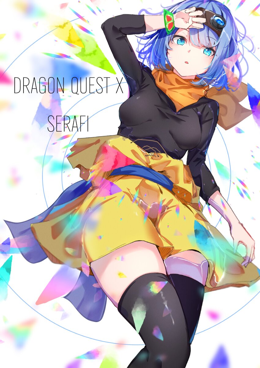 1girl absurdres arm_up black_shirt black_thighhighs blue_eyes blue_hair blue_sash blurry bob_cut bracelet breasts character_name commentary_request copyright_name depth_of_field dragon_quest dragon_quest_x goggles goggles_on_head highres jewelry looking_at_viewer lying medium_breasts neckerchief on_back open_mouth orange_neckerchief outofthehold partially_submerged sash seraphy_(dq10) shirt shirt_partially_removed short_hair solo thighhighs tunic water white_background yellow_tunic zettai_ryouiki