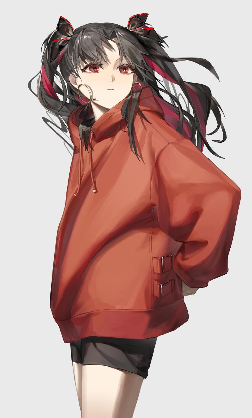 1girl absurdres alternate_costume black_hair drawstring earrings fate/grand_order fate_(series) feijiu highres hood hood_down hoodie hoop_earrings ishtar_(fate) jewelry long_hair multicolored_hair red_eyes red_hair red_hoodie ribbon shorts simple_background solo space_ishtar_(fate) space_ishtar_(second_ascension)_(fate) two-tone_hair two_side_up white_background