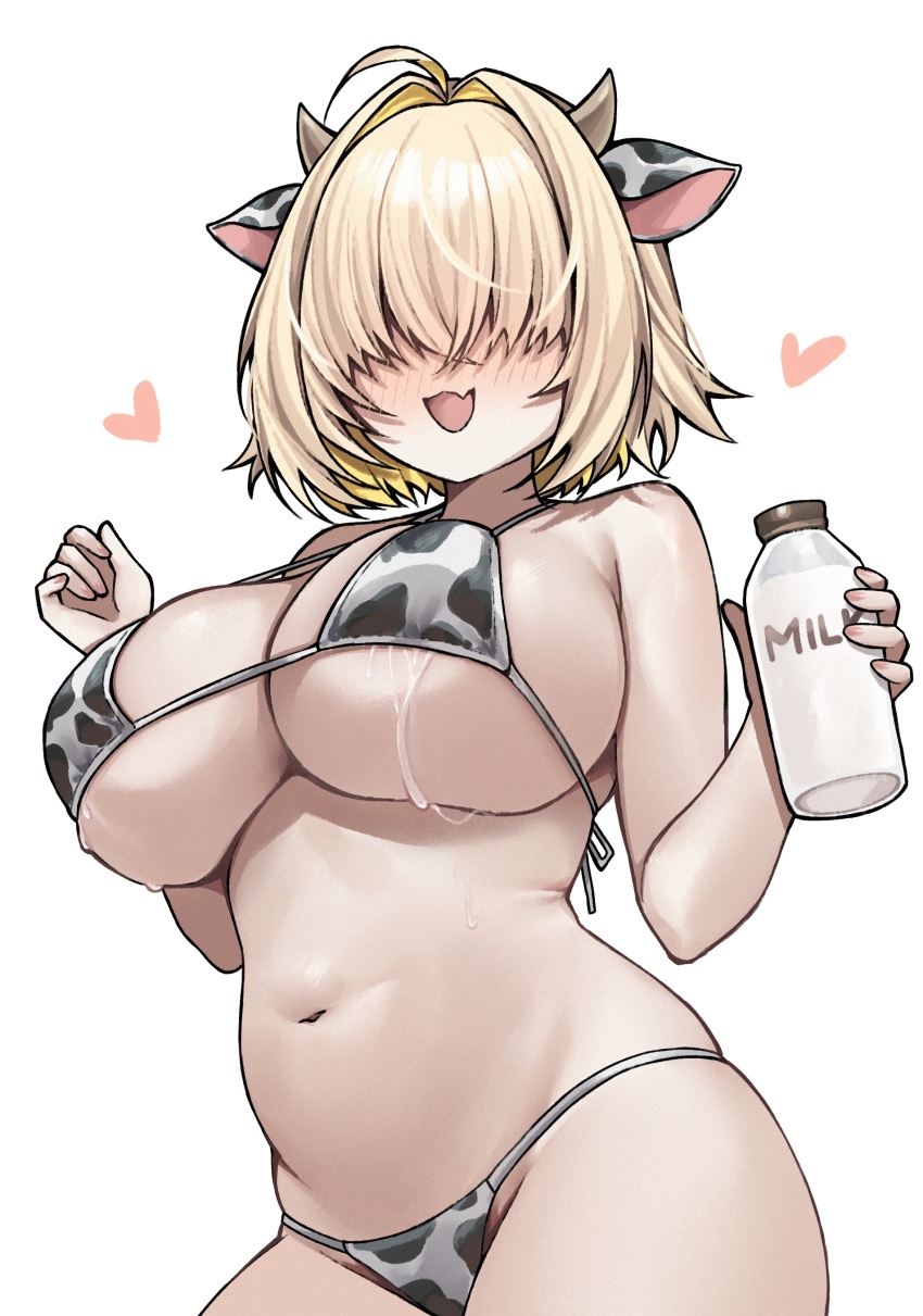 1girl :d absurdres animal_ears animal_print bikini blonde_hair blush bottle breasts cow_ears cow_horns cow_print cow_print_bikini curvy elegg_(nikke) fang goddess_of_victory:_nikke hands_up heart highres holding holding_bottle horns large_breasts miclipse milk_bottle navel open_mouth print_bikini short_hair simple_background smile solo stomach swimsuit white_background