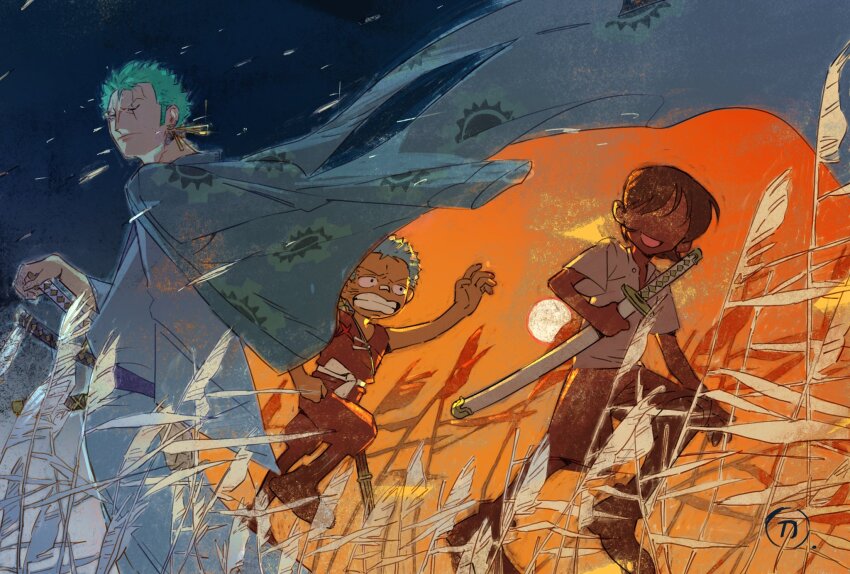1boy 1girl aged_down bandaid bandaid_on_face bandaid_on_nose belt blue_hair child closed_mouth dark_blue_hair earrings faceless faceless_female feet_out_of_frame floating_cape from_side gold_earrings green_hair hashtag-only_commentary highres holding holding_sword holding_weapon japanese_clothes jewelry katana kimono kuina long_sleeves looking_at_another looking_to_the_side one_eye_closed one_piece open_mouth parted_lips roronoa_zoro running sash scar scar_across_eye scar_on_face sheath sheathed shirt short_hair short_sleeves siyangou49 sun sunset sword teeth weapon white_kimono white_shirt wide_sleeves