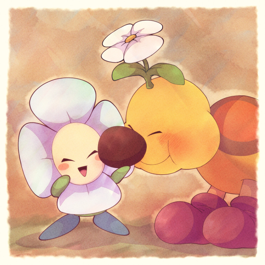 :d ^_^ blush blush_stickers border brown_background caterpillar closed_eyes closed_mouth commentary_request crazee_dayzee flower flower_on_head full_body highres leaf mario_(series) nintendo no_humans omochiutyu open_mouth red_footwear shadow shoes smile standing super_mario_world_2:_yoshi&#039;s_island white_border white_flower wiggler