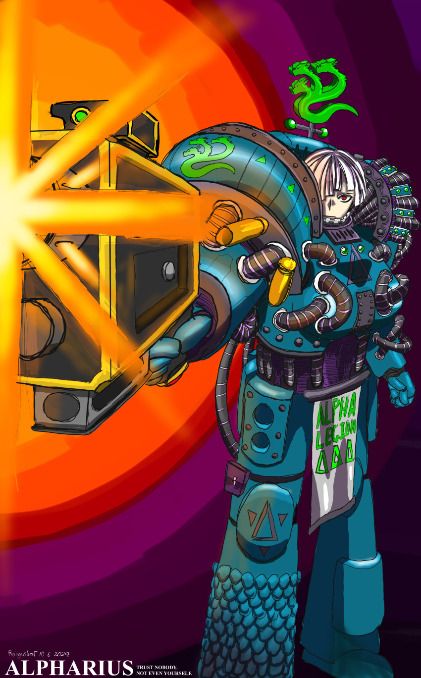 absurdres adeptus_astartes alpha_legion alpharius alpharius_omegon armor chaos_(warhammer) chaos_space_marine character_request firing gun highres holding holding_gun holding_weapon non-web_source red_eyes shoulder_armor weapon white_hair