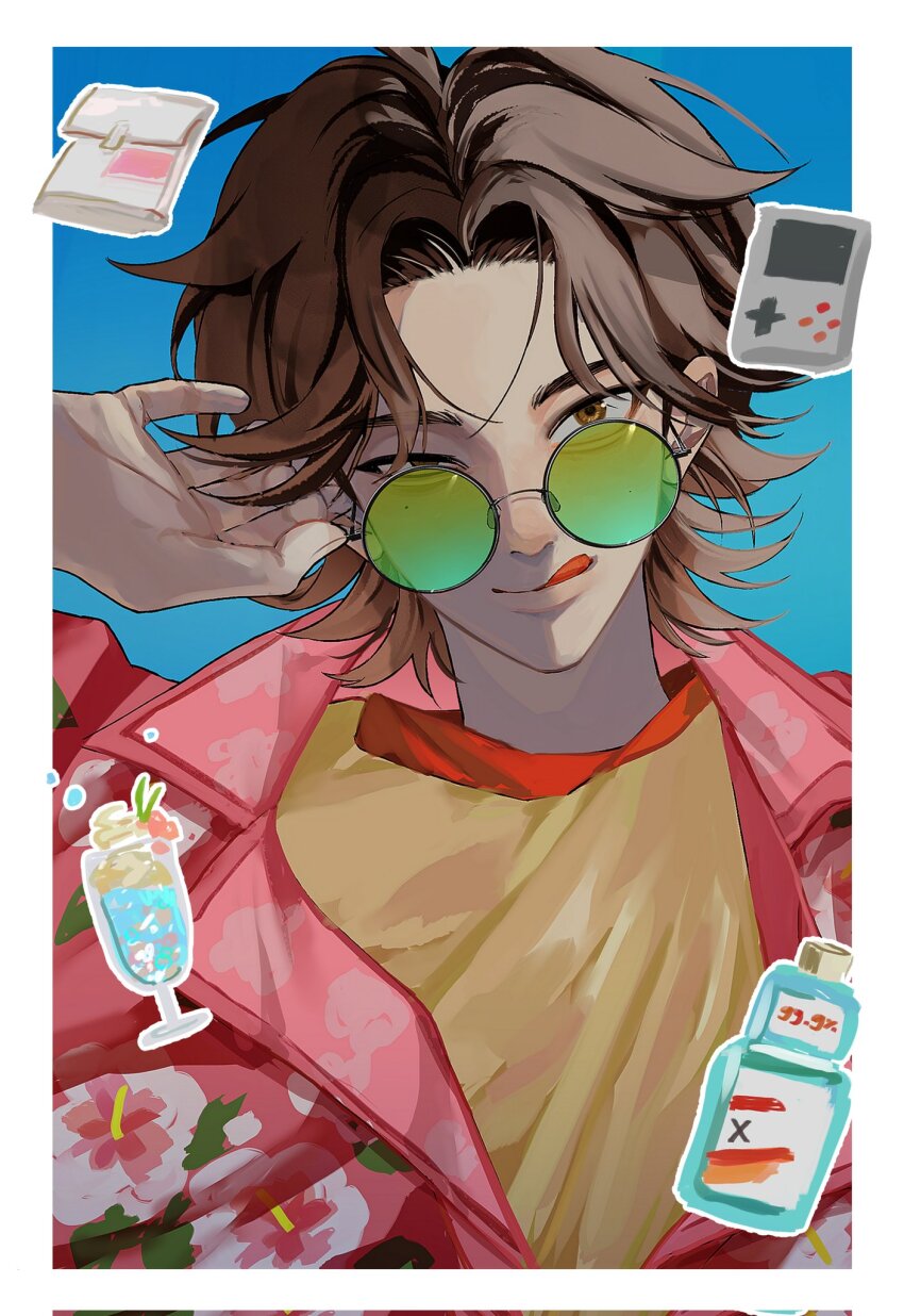 1boy :q border brown_eyes brown_hair corrupted_twitter_file daisuke_(mouthwashing) floral_print game_boy green-tinted_eyewear handheld_game_console hashtag-only_commentary highres jacket looking_at_viewer male_focus mole mole_under_eye mouthwash mouthwashing pink_jacket po9046 portrait round_eyewear shirt short_hair solo sunglasses tinted_eyewear tongue tongue_out white_border yellow_shirt