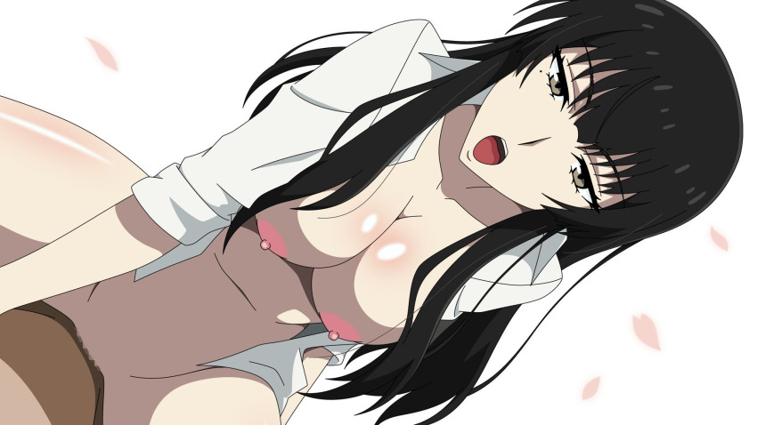 10s 1girl atelier_gons black_eyes black_hair breasts censored girl_on_top highres kujou_sakurako_(sakurako) large_breasts legs long_hair looking_at_viewer lying mole mosaic_censoring navel nipples no_bra no_panties open_clothes open_mouth petals pussy sakurako-san_no_ashimoto_ni_wa_shitai_ga_umatteiru sex simple_background sitting sitting_on_person solo_focus thighs vaginal