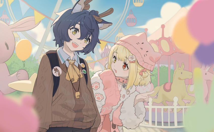 1boy 1girl amusement_park animal_collar animal_ears animal_hands animal_hat antlers badge balloon bilibili_581334 blonde_hair bow brown_sweater button_badge carousel cat_hair_ornament cat_hat cat_paws child chinese_commentary coat collar commentary_request ferris_wheel from_side hair_between_eyes hair_bow hair_ornament hat heterochromia highres horns indie_virtual_youtuber kaofish long_bangs looking_at_another lutou mascot_costume name_tag open_mouth pink_coat pointing pointing_forward red_eyes sailor_collar second-party_source smile sweater teeth upper_teeth_only whistle whistle_around_neck yellow_eyes