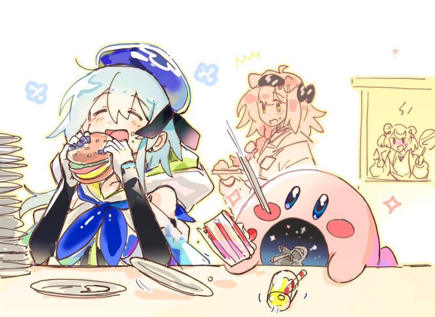 1boy 1other 2girls ^^^ arknights beret black_ribbon blue_eyes blue_hair blue_headwear blush blush_stickers burger cake closed_eyes doctor_(arknights) drink eating food frying_pan gloves goldenglow_(arknights) gummy_(arknights) gummy_(elite_ii)_(arknights) hair_between_eyes happy hat hat_ribbon highres holding holding_food kirby kirby_(series) mizuki_(arknights) multiple_girls nintendo open_mouth pink_hair plate plate_stack ribbon short_hair_with_long_locks simple_background wed_(lim38869577) white_background white_gloves