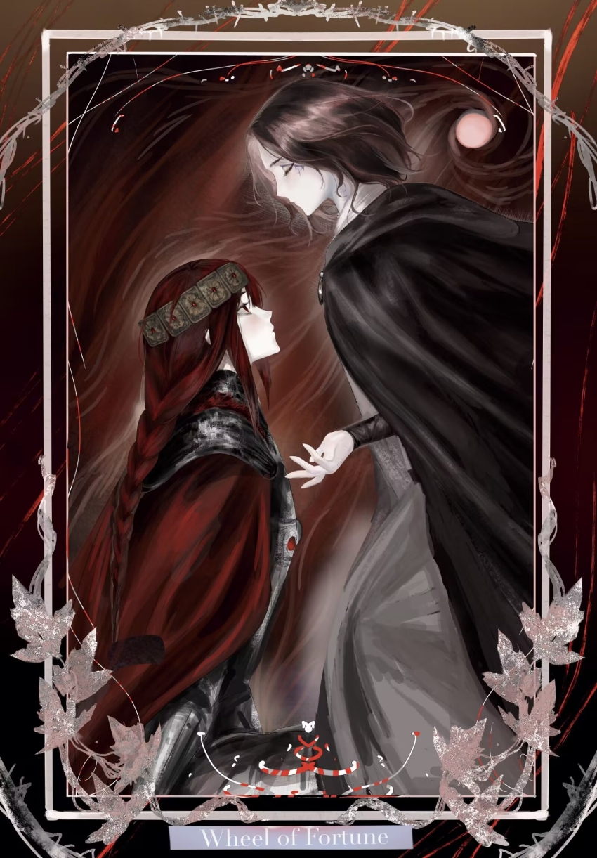 2girls abstract_background armor artist_request black_cloak braid breastplate brown_hair cape card_(medium) cloak closed_eyes colored_skin commission dress elden_ring english_text expressionless facial_mark from_side grey_dress headband highres inset_border leaf long_hair looking_at_another low-braided_long_hair low-tied_long_hair melina_(elden_ring) multiple_girls oc_x_canon pauldrons profile red-haired_tarnished_(qiqiqiqi) red_background red_cape red_eyes red_hair second-party_source short_hair shoulder_armor single_braid sitting standing tarnished_(elden_ring) tarot tarot_(medium) wheel_of_fortune_(tarot) white_skin
