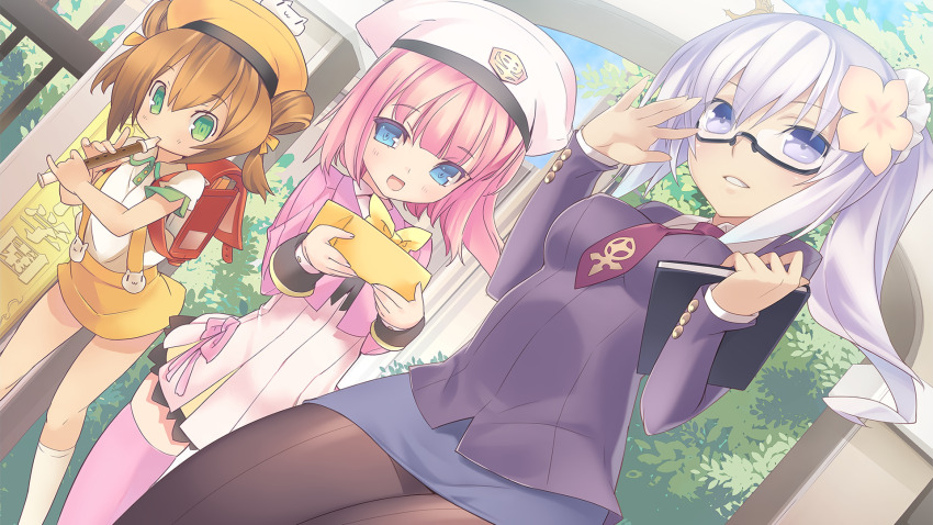 3girls agarest_senki_(series) agarest_senki_mariage backpack bag black-framed_eyewear blade_(galaxist) blue_eyes box brown_hair dutch_angle farsia_(agarest_senki) flower flute folded_hair game_cg gift gift_box green_eyes hair_flower hair_ornament hat highres holding holding_flute holding_gift holding_instrument holding_notebook instrument kunka long_hair long_sleeves multiple_girls necktie non-web_source notebook official_art open_mouth paninya_(agarest_senki) parted_lips pencil_skirt photoshop_(medium) pink_hair playing_flute playing_instrument purple_eyes purple_hair randoseru red_bag semi-rimless_eyewear short_hair short_sleeves side_ponytail skirt standing suspenders under-rim_eyewear
