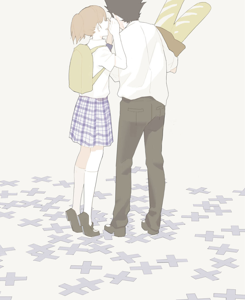 1boy 1girl backpack bag baguette black_hair blueman bread brown_hair couple food from_behind highres ishida_shouya kneehighs koe_no_katachi nishimiya_shouko plaid_clothes plaid_skirt ponytail school_uniform short_hair skirt socks tiptoes whispering whispering_in_ear white_socks yellow_bag