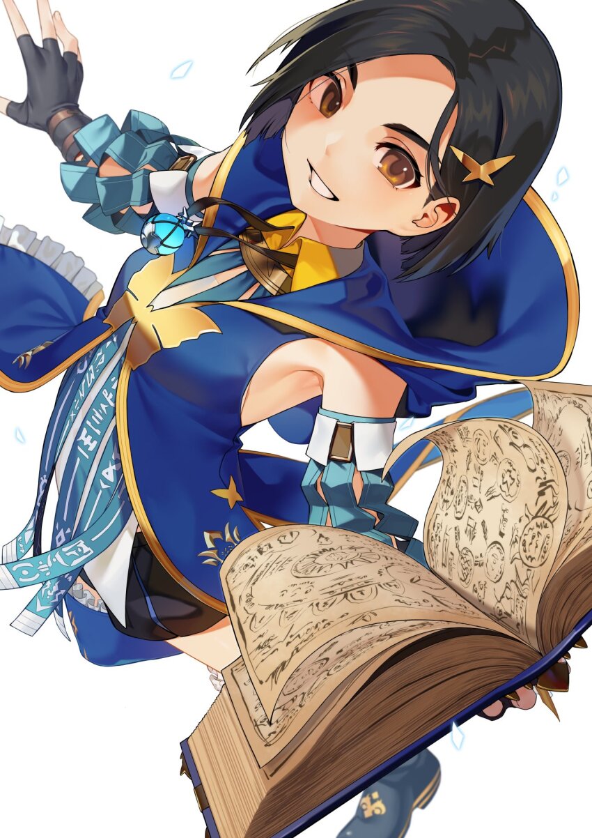 1girl black_hair book breasts brown_eyes commentary_request detached_sleeves fingerless_gloves gloves hair_ornament highres hood hood_down hooded_jacket jacket looking_at_viewer miyamae_(miyazen9311) open_book rinwell_(tales) short_hair shorts simple_background sleeveless sleeveless_jacket small_breasts smile solo tales_of_(series) tales_of_arise white_background