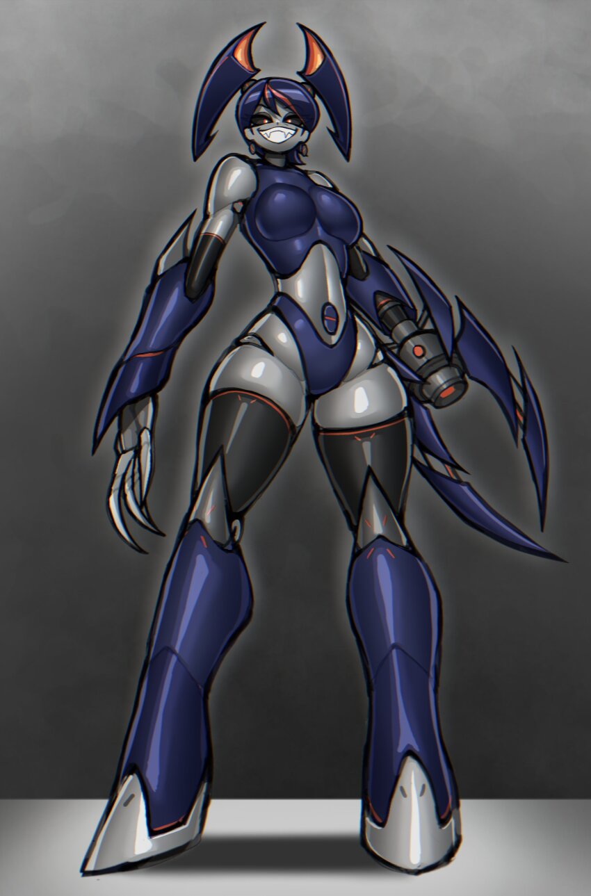 1girl absurdres android aqua_hair arm_blade arm_cannon blue_hair blue_tank_top breasts claw_(weapon) colored_skin corruption cyber_fashion evil_grin evil_smile grin hado_(zzzhadozzz) highres humanoid_robot jenny_wakeman joints looking_at_viewer metal_skin my_life_as_a_teenage_robot navel robot robot_girl robot_joints rocket_boots smile solo tank_top twintails weapon white_skin