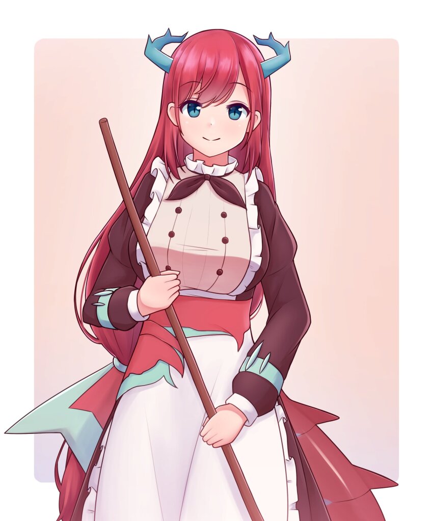 1girl apron blue_eyes breasts broom chef closed_mouth dragon_girl dragon_horns dragon_tail dragon_wings duel_monster frilled_apron frills hair_between_eyes hashi2387 highres holding holding_broom horns kitchen_dragonmaid large_breasts long_hair long_sleeves looking_at_viewer maid_apron puffy_long_sleeves puffy_sleeves red_hair simple_background smile solo tail white_apron wings yu-gi-oh!