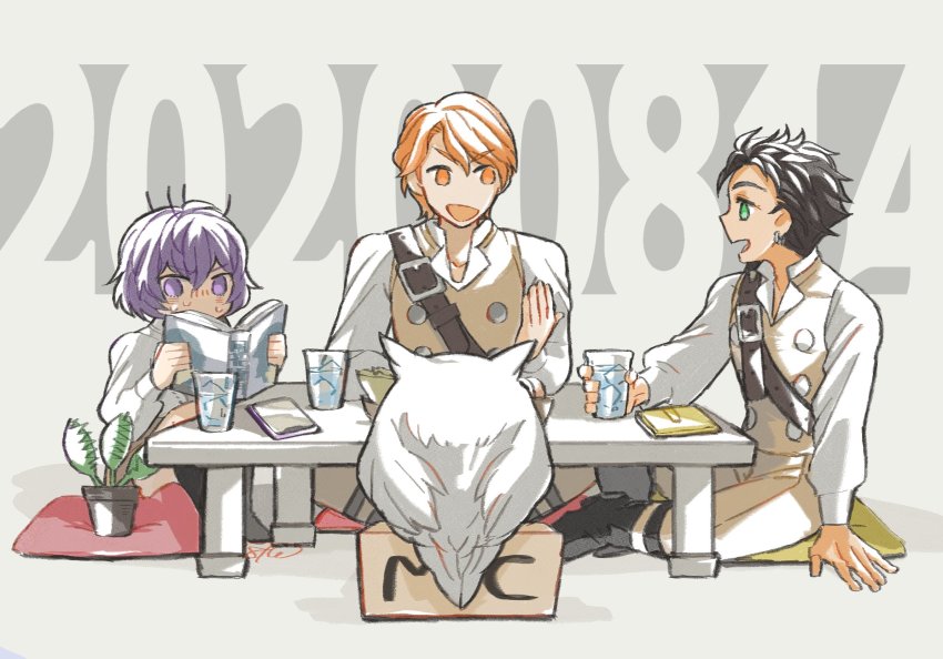 1girl 2boys alternate_costume batoson54 bernadetta_von_varley bird book brown_hair claude_von_riegan earrings feh_(fire_emblem_heroes) ferdinand_von_aegir fire_emblem fire_emblem:_three_houses fire_emblem_heroes from_side garreg_mach_monastery_uniform glass green_eyes highres holding holding_book jewelry long_sleeves multiple_boys nintendo official_alternate_costume open_book open_mouth orange_eyes orange_hair owl purple_hair short_hair sitting table