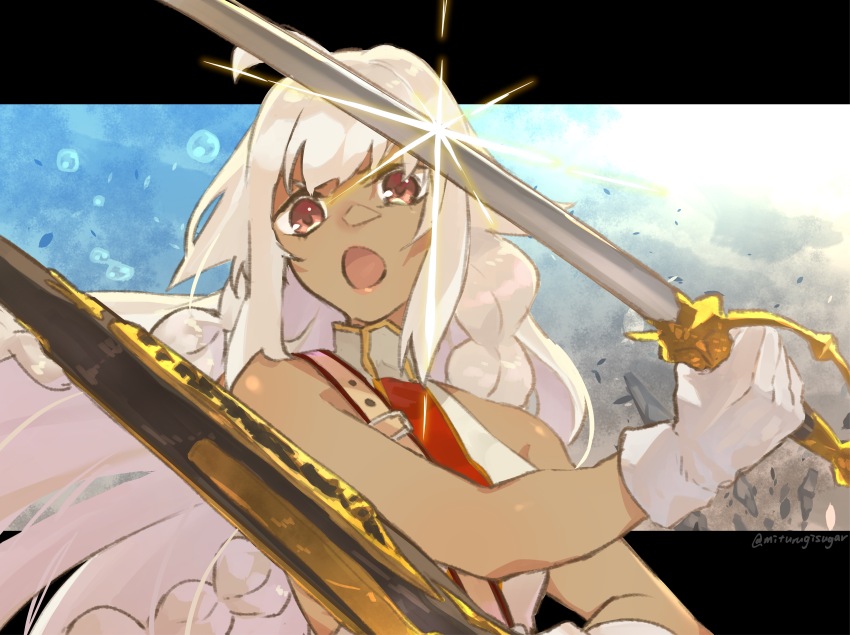 1girl absurdres ahoge bare_shoulders blue_sky braid breasts dark-skinned_female dark_skin fate/grand_order fate_(series) gloves gun highres lakshmibai_(fate) long_hair looking_at_viewer medium_breasts mitsurugi_sugar open_mouth red_eyes rifle shirt sidelocks sky sleeveless sleeveless_shirt solo sword twin_braids weapon white_gloves white_hair white_shirt
