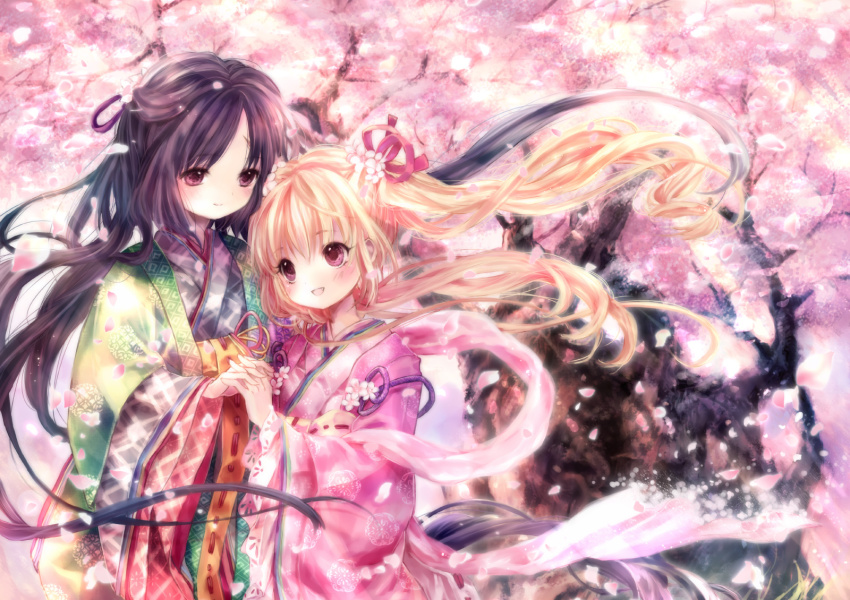 2girls bad_id bad_pixiv_id blonde_hair blush brown_hair cherry_blossoms hair_ornament holding_hands highres japanese_clothes long_hair multiple_girls onineko orange_hair original petals pink_eyes red_eyes smile wind yuri