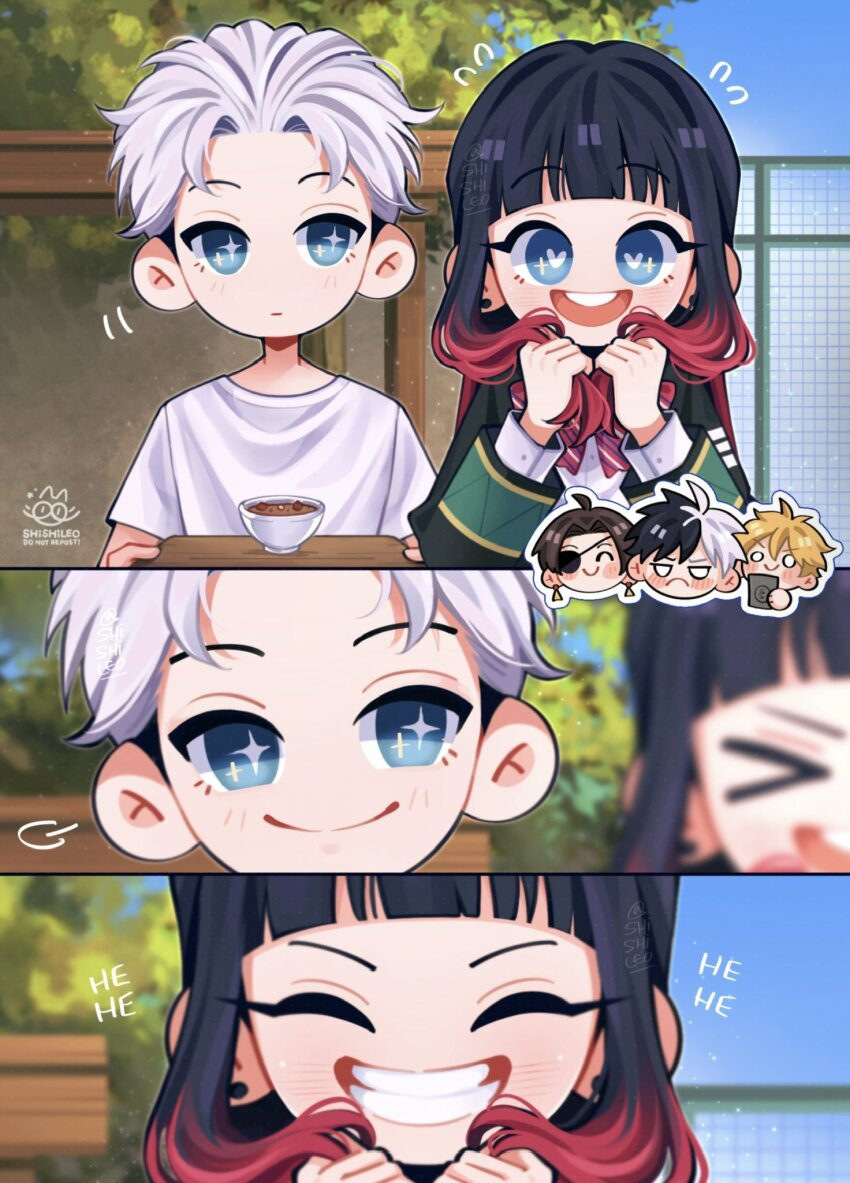 &gt;_&lt; 2025 3koma 5boys ahoge androgynous artist_name black_hair blonde_hair blue_eyes blunt_bangs blurry blush bow bowl bowtie brown_hair chibi chibi_inset close-up closed_eyes comic commentary day depth_of_field earrings english_commentary eyepatch food frown hair_between_eyes happy highres holding holding_plate jewelry laughing long_hair male_focus messy_hair multicolored_hair multiple_boys nirei_akihiko notice_lines outdoors panels parted_bangs plate playing_with_own_hair red_hair sakura_haruka_(wind_breaker) shirt shishilex short_hair short_sleeves smile sparkling_eyes straight-on straight_hair streaked_hair suo_hayato t-shirt tareme teeth trap tree tsubakino_tasuku two-tone_hair umemiya_hajime white_hair white_shirt wind_breaker_(nii_satoru)