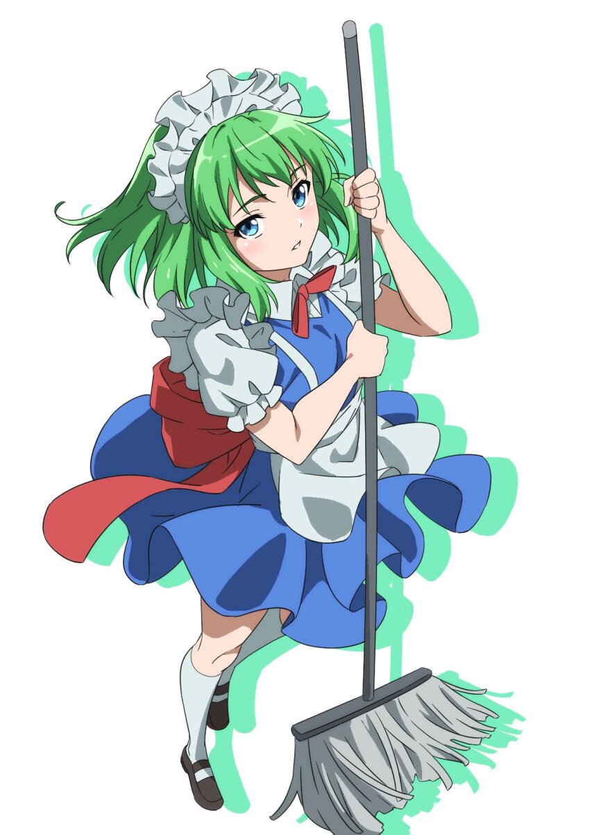1girl apron black_shoes blue_dress blue_eyes dress frilled_sleeves frills green_hair gyouza_(mhea5724) highres holding holding_mop maid maid_apron maid_headdress medium_hair mop open_mouth ruukoto shoes short_sleeves simple_background socks solo touhou touhou_(pc-98) waist_apron white_apron white_background white_socks