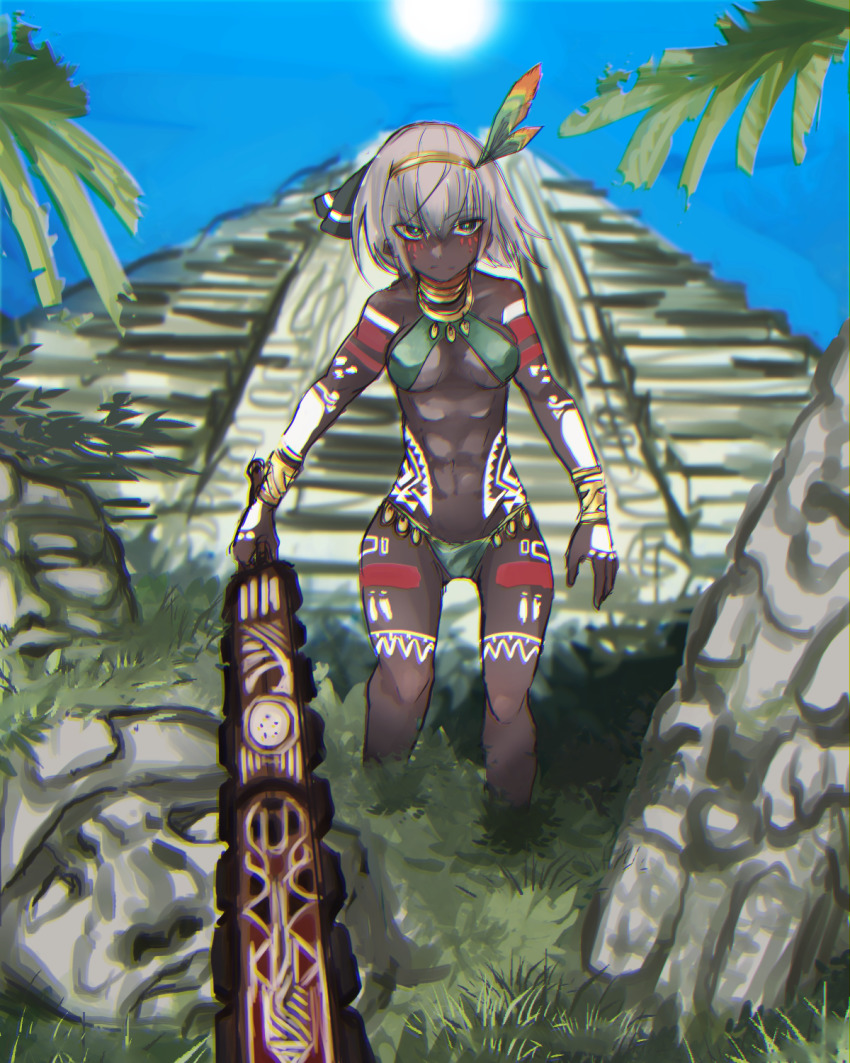 1girl abs architecture asatsuki_(cookie) aztec blue_sky bodypaint breasts bright_pupils bush closed_mouth commentary_request cookie_(touhou) dark-skinned_female dark_skin day feather_hair_ornament feathers full_body gold_hairband grass green_eyes green_panties hair_between_eyes hair_ornament hairband highres holding holding_sword holding_weapon konpaku_youmu looking_at_viewer macuahuitl medium_breasts mesoamerican_architecture navel olmec_head outdoors palm_tree panties pyramid_(structure) shimosuke short_hair sky solo sun sword touhou tree underwear very_dark_skin weapon white_pupils