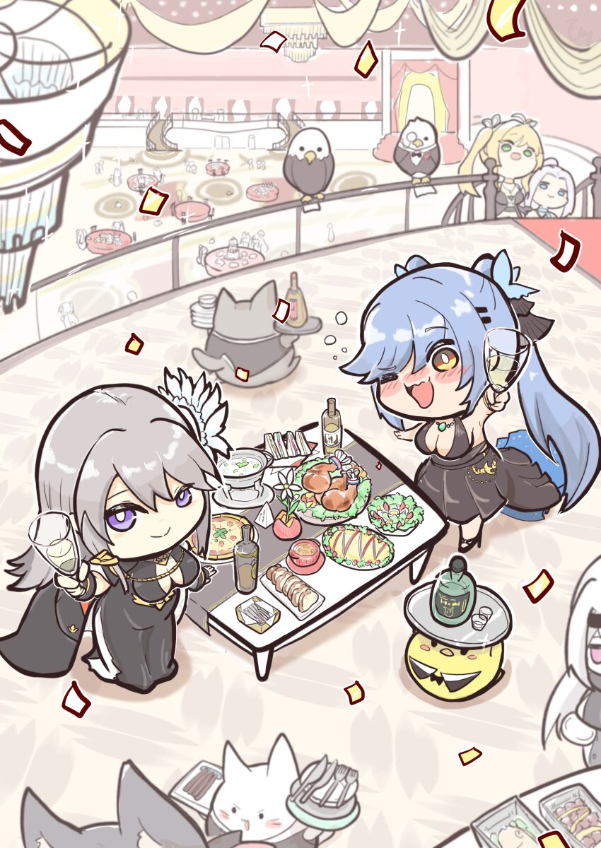 6+girls absurdres alcohol animal_ears azur_lane bald_eagle bird black_dress black_footwear blonde_hair blue_hair blush breasts cat_ears center_opening champagne champagne_flute chibi confetti cup dress drinking_glass eagle enterprise_(azur_lane) enterprise_(heroic_finery)_(azur_lane) essex_(azur_lane) essex_(craft_fairytail)_(azur_lane) evening_gown fork from_above green_eyes grim_(azur_lane) halter_dress halterneck highres himajin_(fd_jin) holding holding_tray hornet_(azur_lane) hornet_(bubbly_anniversary!)_(azur_lane) kitchen_knife knife large_breasts medium_breasts meowfficer_(azur_lane) multiple_girls one_eye_closed open_mouth round_table sleeveless sleeveless_dress squeans stage table tray yorktown_(azur_lane) yorktown_(evening_i_can&#039;t_remember)_(azur_lane)