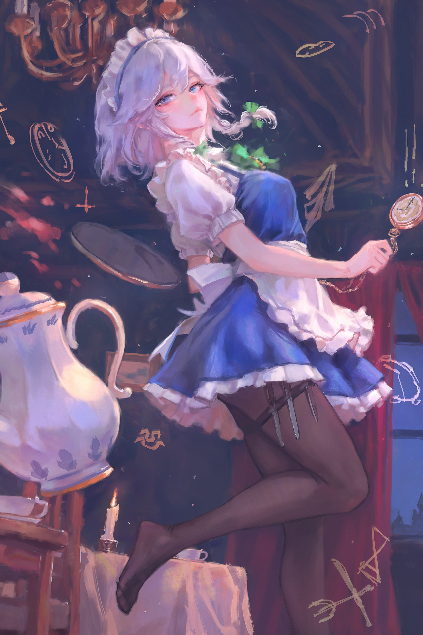 1girl absurdres apron blue_eyes bow braid breasts brown_pantyhose candle chandelier closed_mouth commentary curtains green_bow grey_hair hair_bow highres hjwhuhu impasto indoors izayoi_sakuya knife leg_up long_hair looking_at_viewer maid maid_headdress pantyhose pocket_watch puffy_short_sleeves puffy_sleeves short_sleeves smile solo standing standing_on_one_leg teapot touhou tray twin_braids waist_apron watch white_apron window