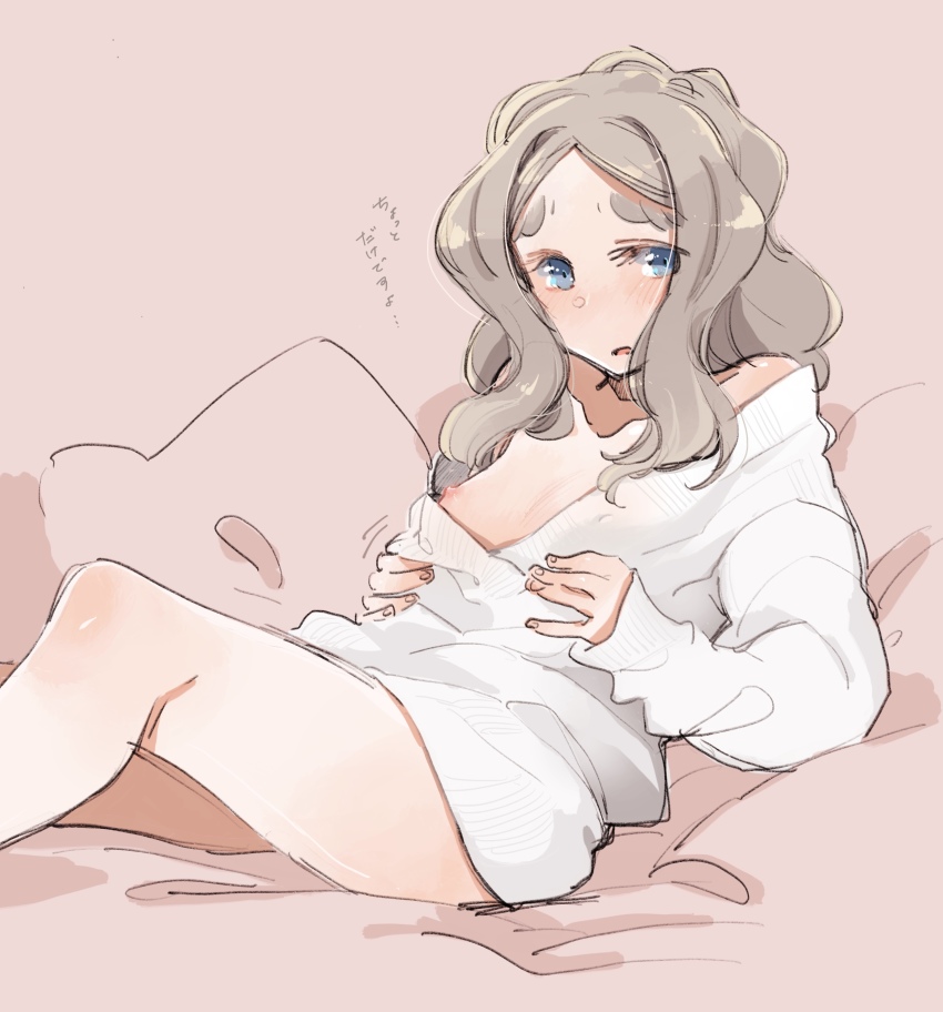 1girl absurdres blush breasts brown_hair chibikko_(morihito) highres long_hair morihito nipple_slip nipples original reclining small_breasts solo sweater thick_eyebrows wavy_hair