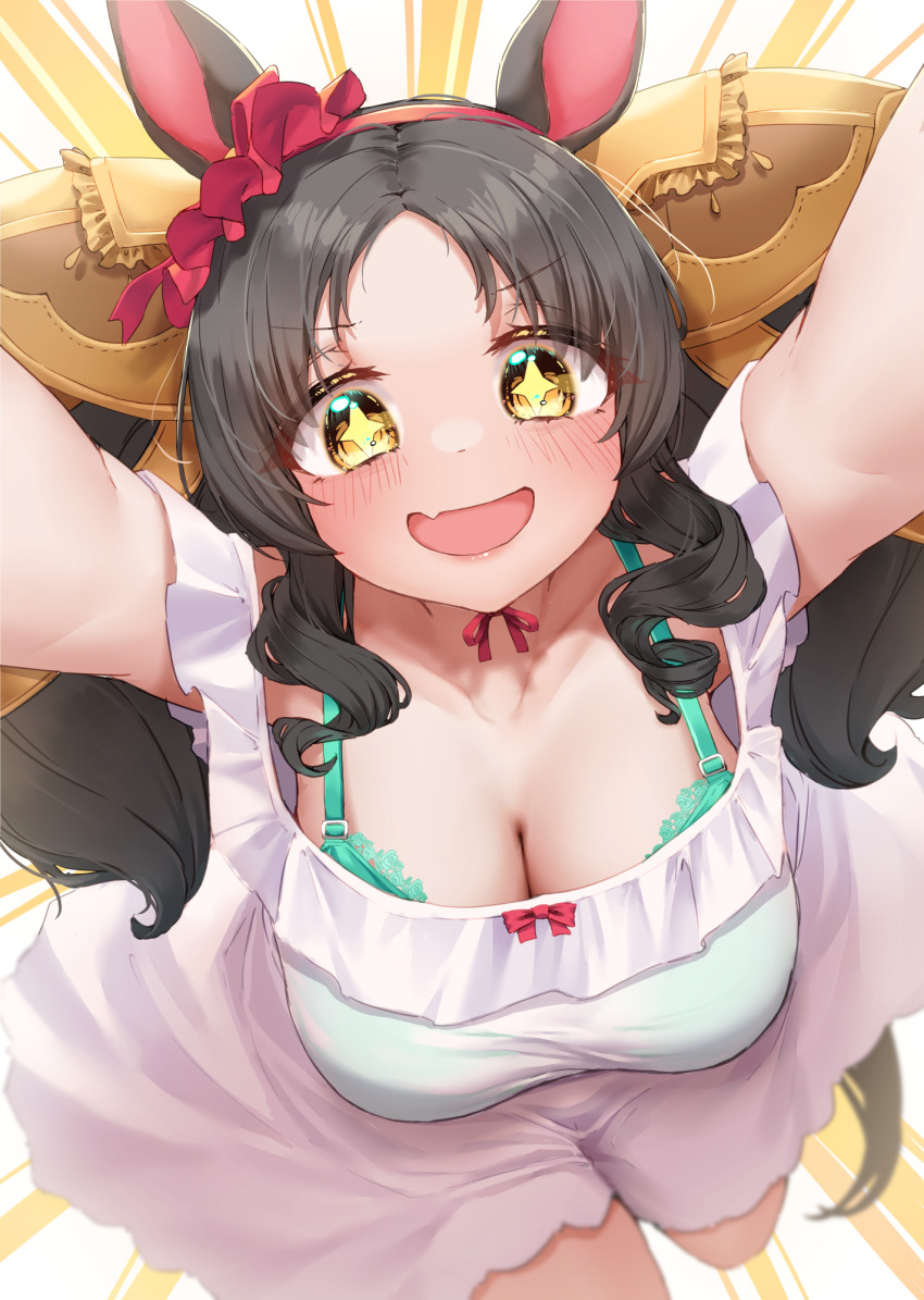 1girl animal_ears arms_up blush bow breasts cleavage collarbone commentary_request ear_ribbon fang hairband highres horse_ears horse_girl large_breasts looking_at_viewer marvelous_sunday_(umamusume) open_mouth red_hairband red_ribbon ribbon skin_fang smile solo sparkling_eyes tabunshake umamusume yellow_eyes