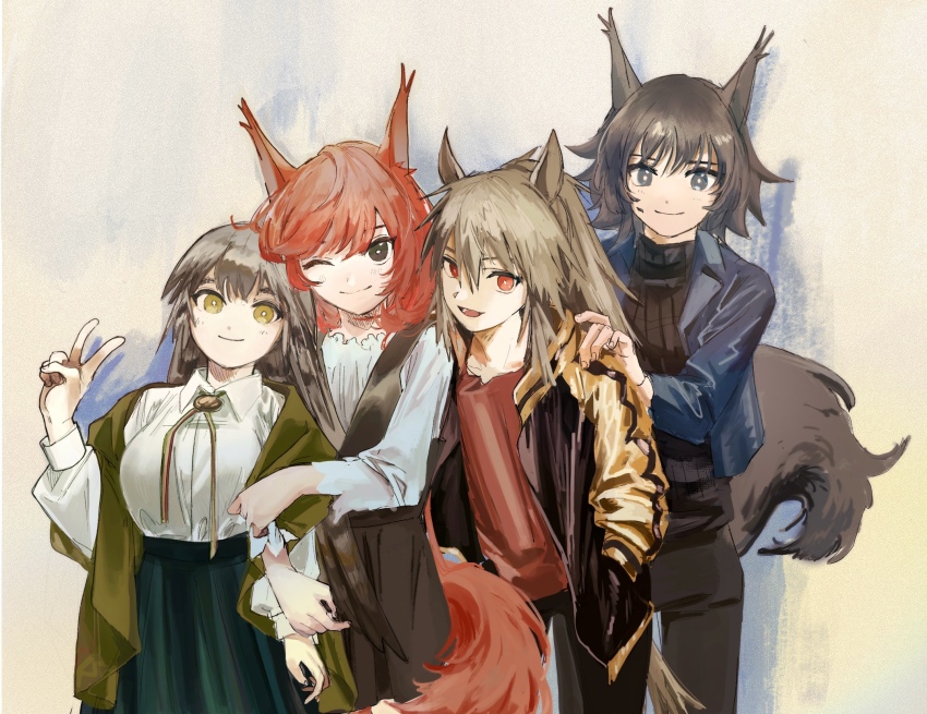 4girls ;) alternate_costume animal_ears arknights ashlock_(arknights) black_dress black_pants black_shirt blue_jacket bright_pupils brown_eyes brown_hair collared_shirt dress fartooth_(arknights) flametail_(arknights) green_shawl green_shirt grey_eyes hand_on_another&#039;s_shoulder hands_in_pockets hawai-tari high-waist_skirt highres jacket lapels long_hair looking_at_viewer material_growth multiple_girls one_eye_closed open_clothes open_jacket orange_eyes orange_shirt oripathy_lesion_(arknights) pants pinafore_dress red_hair ribbed_shirt shirt shirt_tucked_in short_hair simple_background skirt sleeveless sleeveless_dress smile squirrel_ears squirrel_girl squirrel_tail tail v white_pupils white_shirt wild_mane_(arknights) yellow_eyes