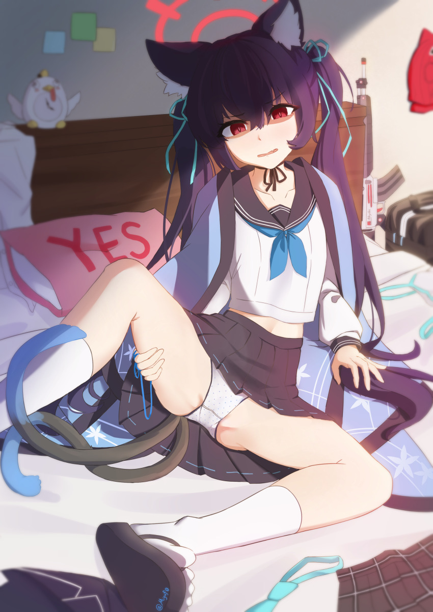 1girl 3: absurdres alarm_clock alternate_costume animal_ear_fluff animal_ears ass assault_rifle balaclava bed_sheet bedroom beretta_ar70/90 black_choker black_hair black_sailor_collar black_skirt blue_archive blue_neckerchief blue_necktie bow bow_choker cat_ears cat_tail choker clock collarbone commentary cosplay english_commentary gloom_(expression) gun hair_between_eyes hair_bow hair_ribbon halo haori highres holding_own_leg indoors japanese_clothes kikyou_(blue_archive) kikyou_(blue_archive)_(cosplay) kneehighs long_hair long_sleeves looking_at_viewer midriff myuf navel neckerchief necktie nekomata on_bed panties pantyshot parted_lips peroro_(blue_archive) plaid_clothes plaid_skirt pleated_skirt polka_dot polka_dot_panties red_eyes ribbon rifle sailor_collar sandals school_uniform serafuku serika_(blue_archive) shaded_face sidelocks skirt slit_pupils socks solo spread_legs tail twintails underwear unworn_necktie unworn_skirt v-shaped_eyebrows weapon white_panties white_serafuku white_socks yes-no_pillow