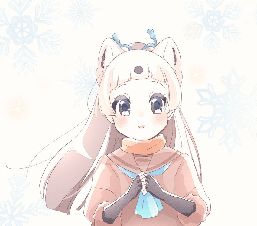 1girl animal_ears blush elbow_gloves extra_ears fingerless_gloves gloves grey_background grey_eyes grey_hair highres jacket kemono_friends kuromitsu_(9633_kmfr) long_hair looking_at_viewer ponytail ribbon sable_(kemono_friends) sailor_collar scarf simple_background solo upper_body
