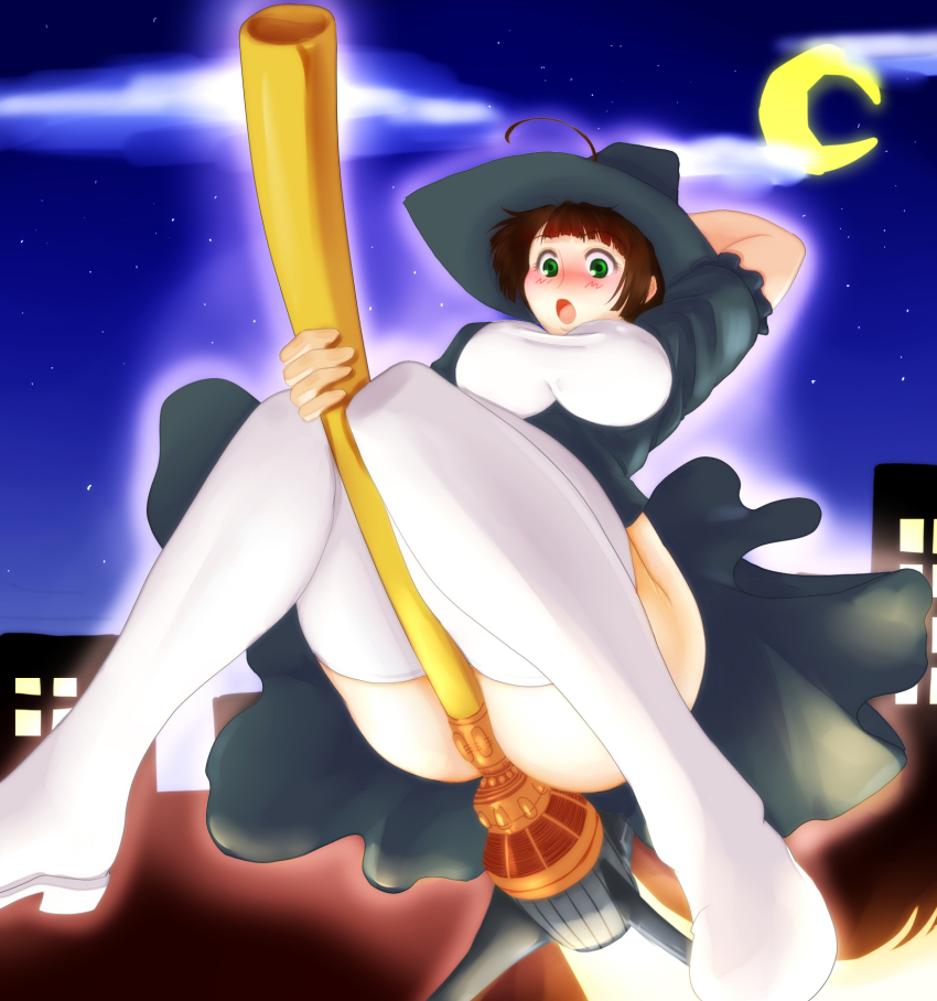 ahoge alternate_costume ass black_dress blush boots broom broom_riding brown_hair cityscape crescent_moon dress flying glowing halloween halloween_costume hand_on_handle harada_makoto hat highres holding holding_broom large_hat looking_down moon night night_sky no_nose ookami_makoto perspective short_hair sky thigh_boots thighs uchuu_senkan_yamato uchuu_senkan_yamato_2199 white_boots witch witch_hat