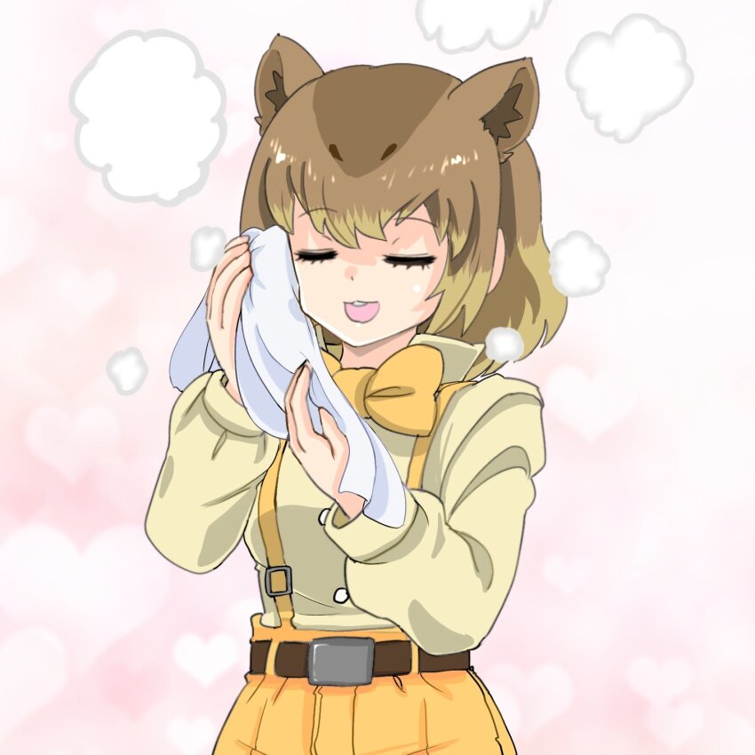 1girl :3 belt blush brown_belt brown_hair brown_shirt buck_teeth capybara_(kemono_friends) capybara_girl closed_eyes cowboy_shot extra_ears hair_between_eyes highres kemono_friends long_sleeves msl2go multicolored_hair open_mouth orange_shorts puffy_sleeves shirt short_hair shorts sidelocks smile solo steam suspenders teeth towel