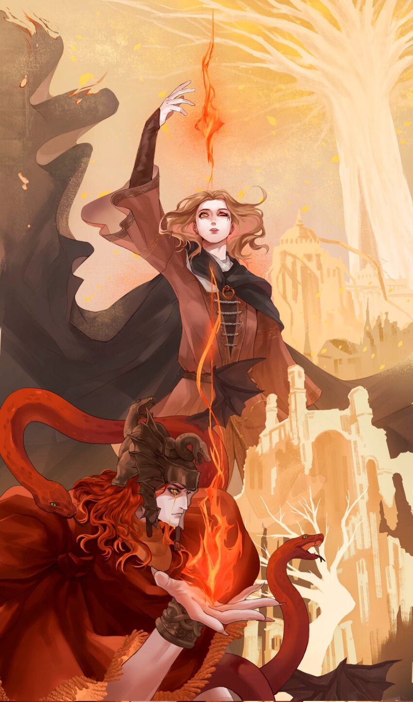1boy 1girl animal_helmet arm_above_head arm_up bat_wings belt black_cloak black_helmet bob_cut brother_and_sister capelet cloak coat colored_tears crying crying_with_eyes_open elden_ring erdtree_(elden_ring) eye_tattoo facial_mark facial_tattoo fangs fangs_out fingernails fire floating_cape fringe-trimmed_capelet fringe_trim from_side green_eyes grey_coat hand_up helmet highres holding holding_flame hood hood_down hooded_cloak klick_tack landscape leather_belt light_brown_hair liquid_gold looking_to_the_side looking_up medium_hair melina_(elden_ring) messmer_the_impaler one_eye_closed orange_fire pyrokinesis red_capelet red_hair red_snake ruins sharp_fingernails sharp_teeth siblings single_tear sky slit_pupils snake snake_wrapped_around_body snake_wrapped_around_neck tattoo tears teeth tree wide_sleeves winged_animal wings wrist_cuffs yellow_eyes yellow_light yellow_sky yellow_theme