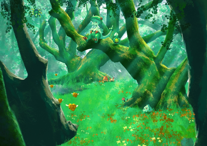 breloom budew combee forest gen_1_pokemon gen_2_pokemon gen_3_pokemon gen_4_pokemon grass green_theme highres light_rays nature nintendo no_humans outdoors paras parasect plant pokemon pokemon_(creature) scenery shank shroomish spinarak tree