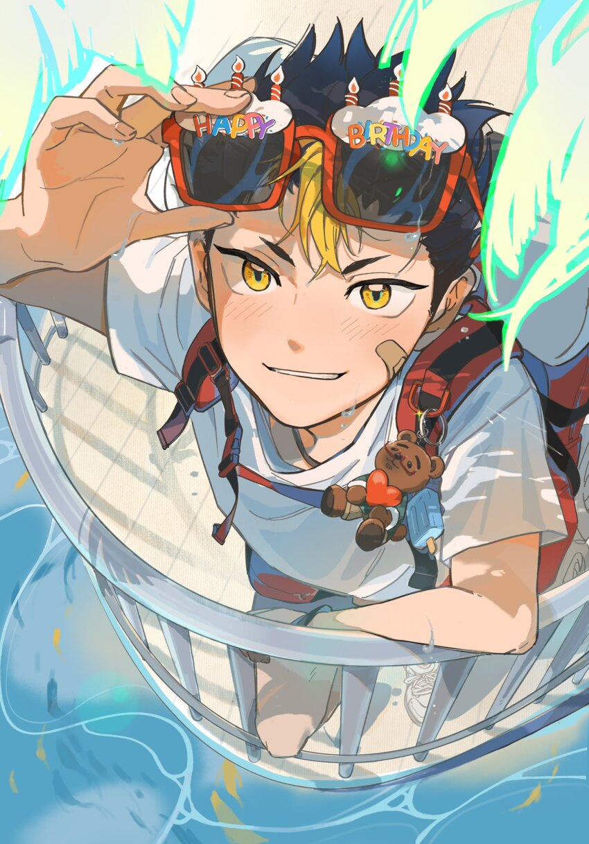 1boy backpack bag bandaid bandaid_on_face black_hair blonde_hair commentary_request eyewear_on_head from_above glasses haikyuu!! happy_birthday highres looking_at_viewer male_focus multicolored_hair nishinoya_yuu red-framed_eyewear rtjiao shirt short_hair solo streaked_hair teeth two-tone_hair white_shirt yellow_eyes