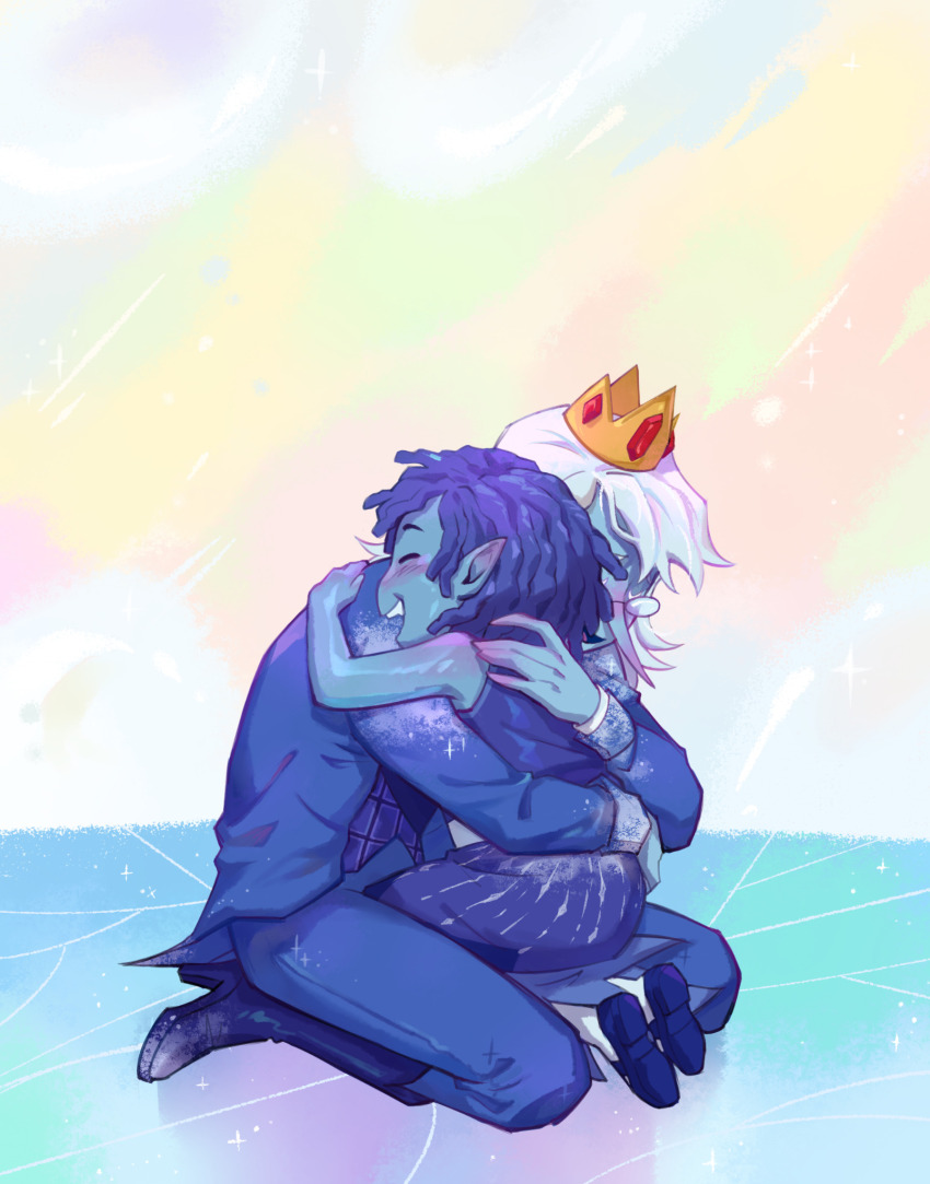 1boy 1girl adventure_time aged_down child crown demon_girl highres hug marceline_abadeer mebssann pointy_ears pointy_nose white_hair winter_king_(adventure_time)