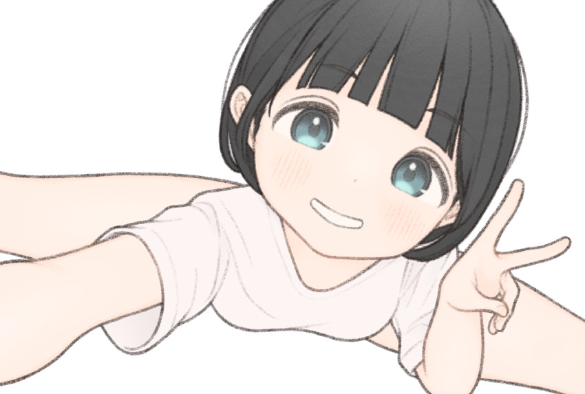 1girl 1ssakawaguchi black_hair blush grey_eyes head_tilt highres ichika_(1ssakawaguchi) looking_at_viewer lying on_stomach original outstretched_arm shirt short_hair short_sleeves simple_background smile solo split v white_background white_shirt