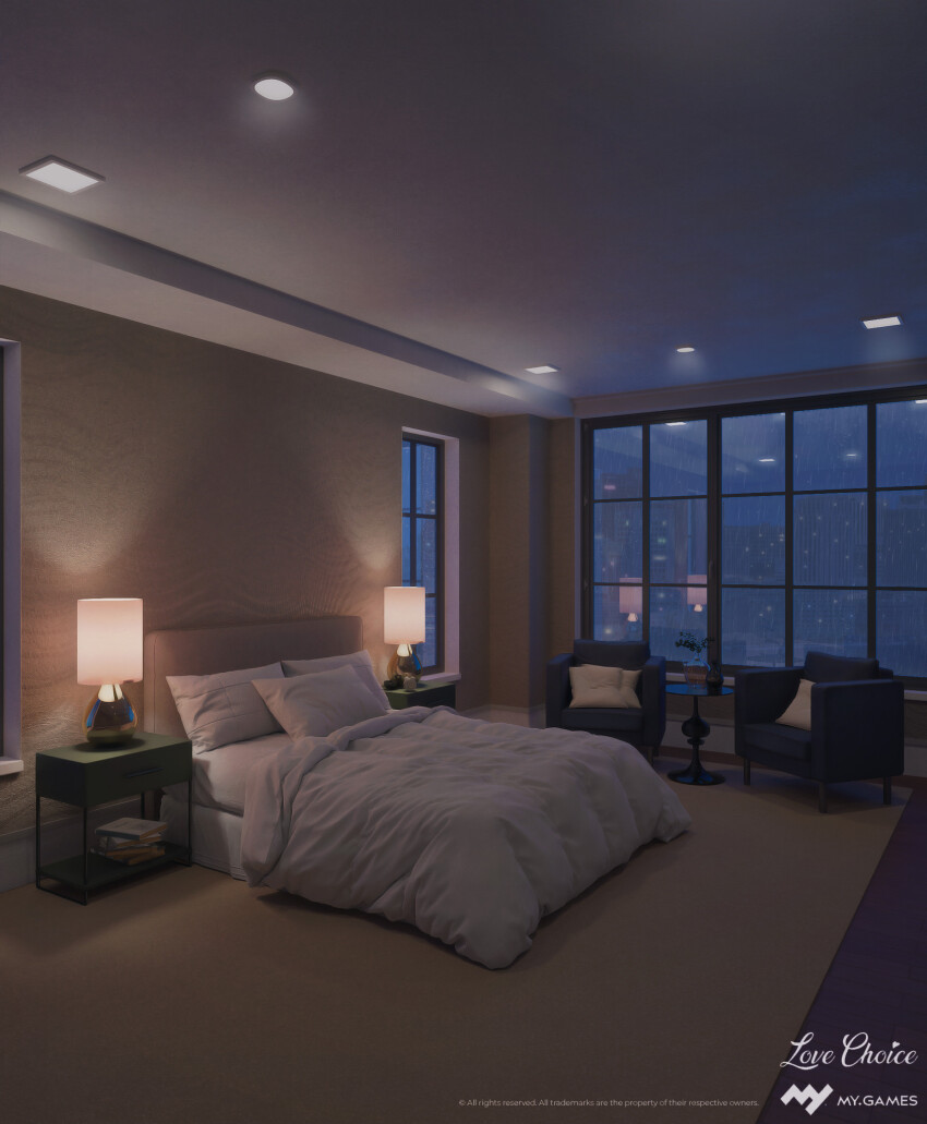 3d armchair bed bed_sheet bedroom blanket chair city highres indoors interior lamp night no_humans original pillow scenery surafin window