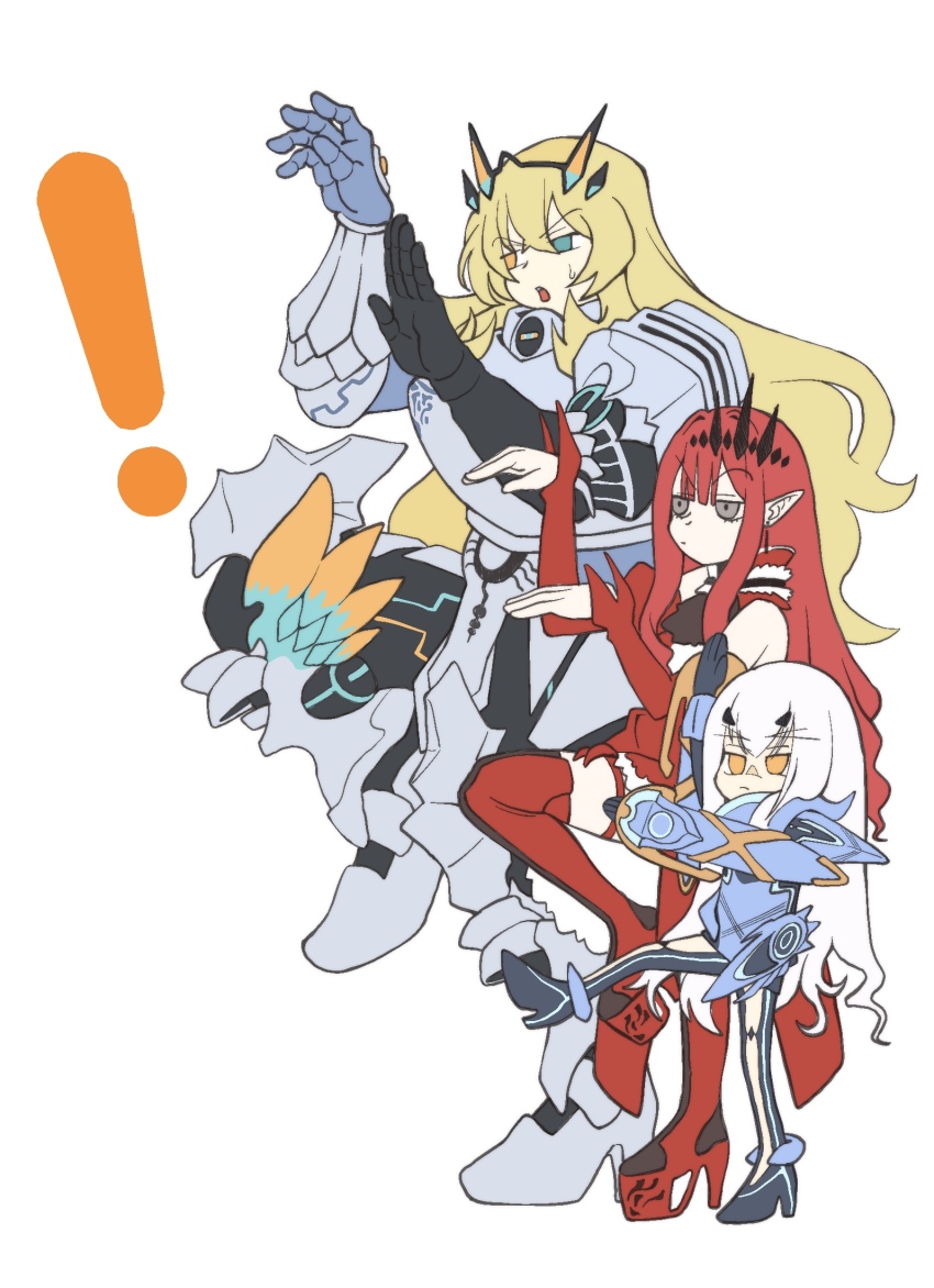 ! 3girls armor baobhan_sith_(fate) baobhan_sith_(first_ascension)_(fate) barghest_(fate) barghest_(first_ascension)_(fate) blonde_hair blue_eyes boots detached_sleeves dress earrings faerie_knights_(fate) fate/grand_order fate_(series) frilled_dress frills full_body grey_eyes hair_ornament hands_up height_difference heterochromia high_heel_boots high_heels highres jewelry knee_up leg_up looking_at_viewer melusine_(fate) melusine_(first_ascension)_(fate) multiple_girls open_mouth orange_eyes pink_hair platform_heels pointy_ears red_dress sidelocks thigh_boots white_background white_hair yifan-zeng yotsubato!_pose