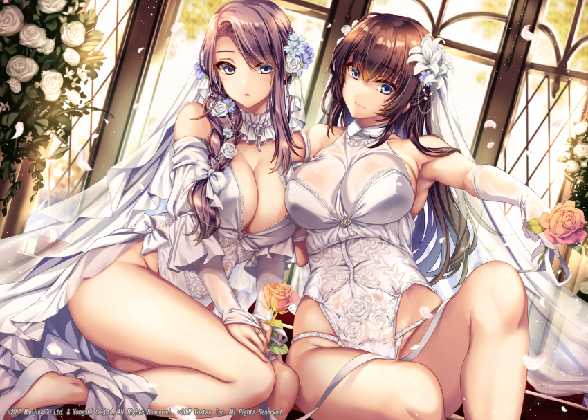 2girls alternate_costume azur_lane bare_legs blue_eyes breasts bridal_veil check_commentary cleavage commentary_request copyright_notice curacoa_(azur_lane) curlew_(azur_lane) detached_sleeves dress floral_print flower gloves hair_flower hair_ornament highres holding holding_flower jewelry lingerie long_hair looking_at_viewer monety multiple_girls official_art ring rose teddy_(lingerie) underwear veil wedding_dress white_flower white_gloves white_rose
