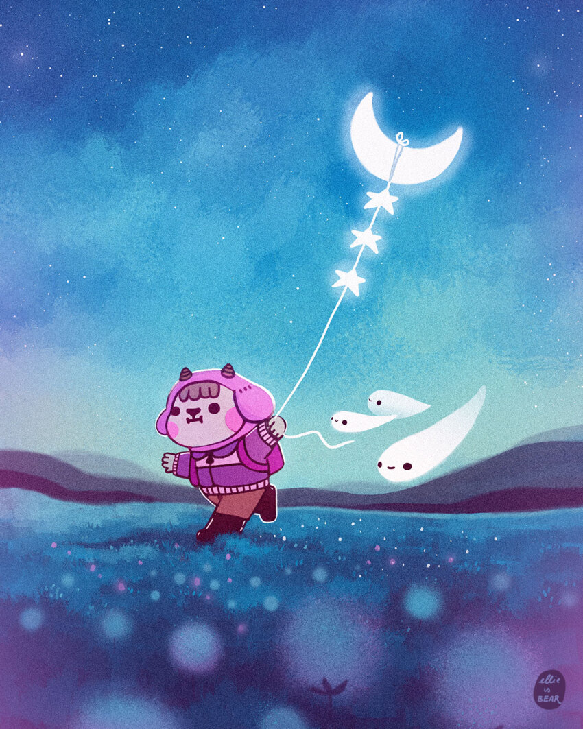 animal artist_name backpack bag boots commentary crescent_moon ellievsbear english_commentary field flying ghost glowing grass highres hood jacket kite moon mountainous_horizon night night_sky original outdoors pants running signature sky solid_circle_eyes solid_eyes solo star_(sky) star_(symbol)