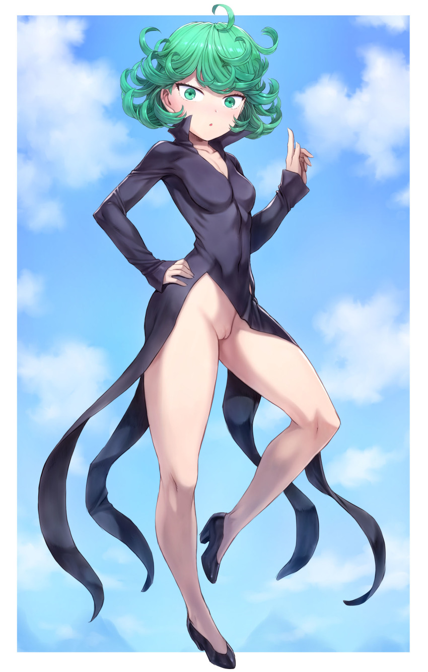 1girl :o absurdres black_dress black_shoes blue_sky breasts cleft_of_venus cloud curly_hair day dress fantasy floating flying full_body green_eyes green_hair hand_on_own_hip highres index_finger_raised legs levitation looking_at_viewer magic mogudan no_panties one-punch_man outside_border psychic pussy shoes short_hair sky small_breasts solo tatsumaki telekinesis thighs third-party_edit uncensored